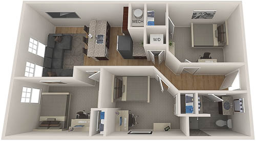 Rivers Edge - Off-campus Student Apartments floor plan 3 Bedroom