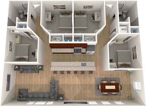 Rivers Edge - Off-campus Student Apartments floor plan 4 bedroom
